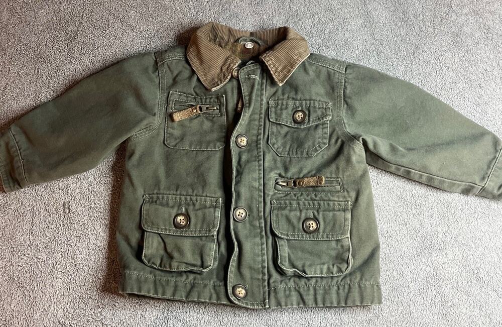 OshKosh B'gosh BabyBoy Green Utility Barn Jacket Corduroy Collar Plaid Lined 12M